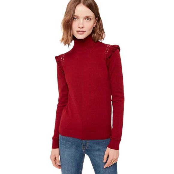 KATE SPADE New York Burgundy Ruffle Trim Cotton Cashmere Turtleneck Sweater XS - Picture 1 of 14